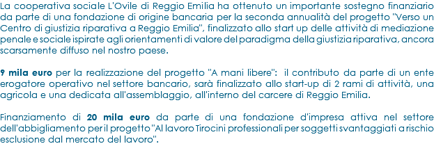 La cooperativa sociale L'Ovile di Reggio Emilia ha ottenuto un importante sostegno finanziario da parte di una fondazione di origine bancaria per la seconda annualità del progetto "Verso un Centro di giustizia riparativa a Reggio Emilia", finalizzato allo start up delle attività di mediazione penale e sociale ispirate agli orientamenti di valore del paradigma della giustizia riparativa, ancora scarsamente diffuso nel nostro paese. 9 mila euro per la realizzazione del progetto "A mani libere": il contributo da parte di un ente erogatore operativo nel settore bancario, sarà finalizzato allo start-up di 2 rami di attività, una agricola e una dedicata all'assemblaggio, all'interno del carcere di Reggio Emilia. Finanziamento di 20 mila euro da parte di una fondazione d'impresa attiva nel settore dell'abbigliamento per il progetto "Al lavoro Tirocini professionali per soggetti svantaggiati a rischio esclusione dal mercato del lavoro".